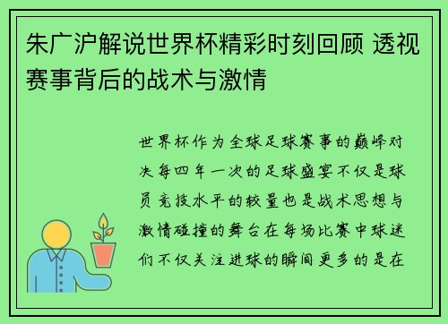 朱广沪解说世界杯精彩时刻回顾 透视赛事背后的战术与激情
